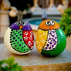 Hand crafted painted set of 2 rocks whimsical birds dots white green red yellow
